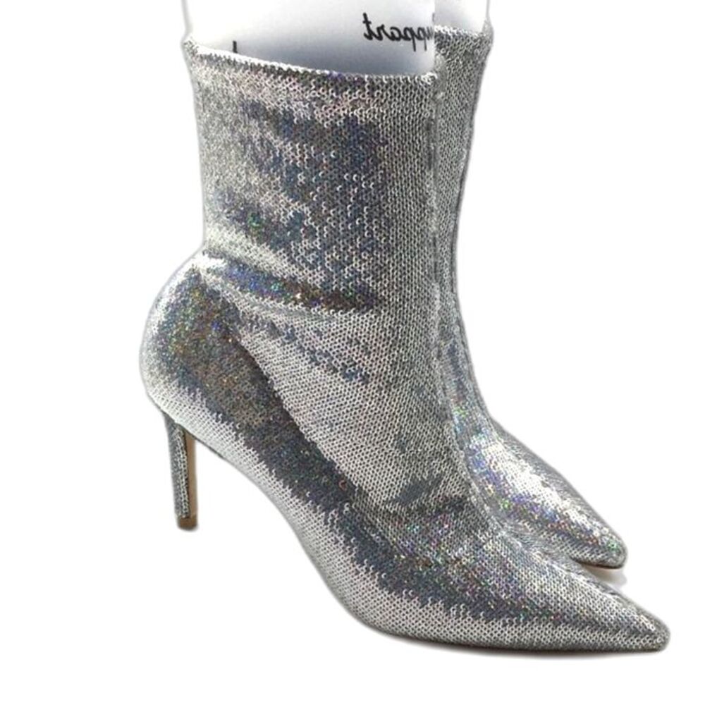 STUART WEITZMAN 85 Stretch Silver Sequin Bootie